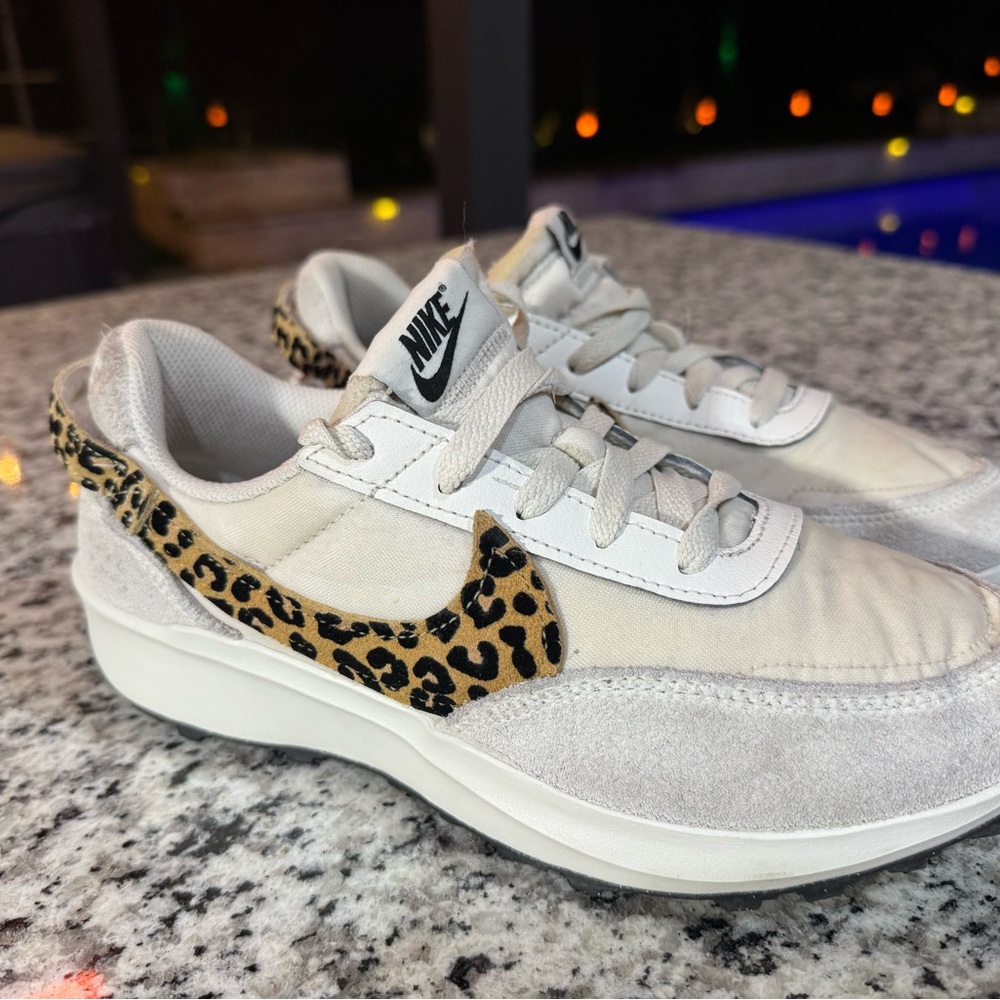 Nike White Sneakers with Leopard Print Swoosh